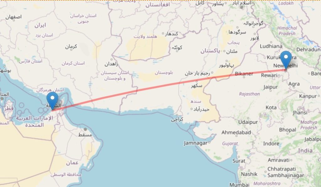 Dubai-Delhi flight map, duration, distance and other useful details