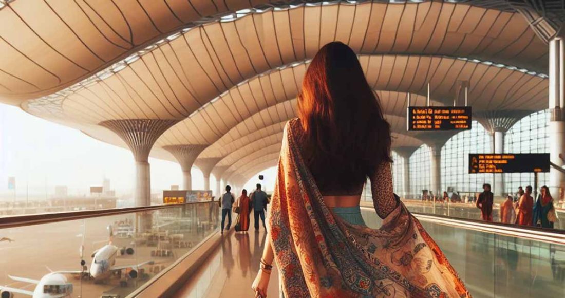 A woman is walking in the airport of Delhi, India.