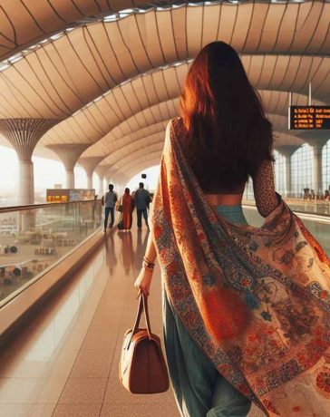 A woman is walking in the airport of Delhi, India.