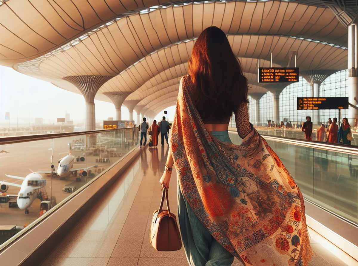 A woman is walking in the airport of Delhi, India.